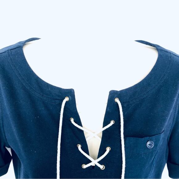 Ralph Lauren Jeans Co Navy Knit Shift Dress Lace Up V Neck Short Tab Sleeves - Picture 6 of 16